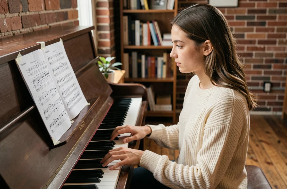 Jeune femme jouant Mistral Gagnant au piano avec une grille d'accords faite main sur le pupitre