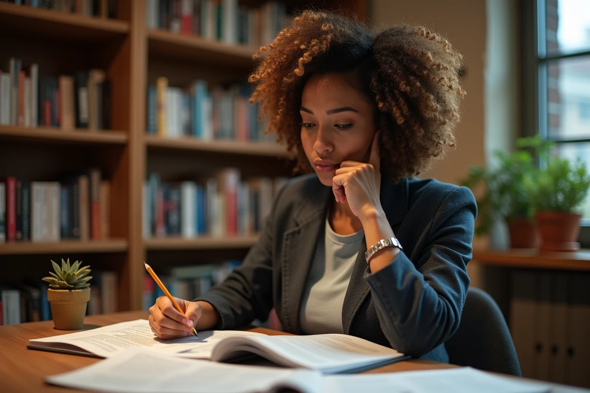 Femme professionnelle révisant un guide d'accord grammatical et de langage inclusif à son bureau