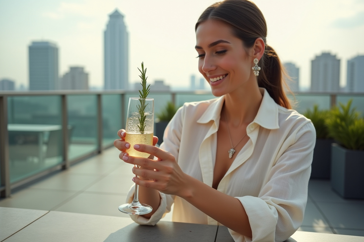Jeune femme garnissant un cocktail de prosecco avec du romarin en rooftop