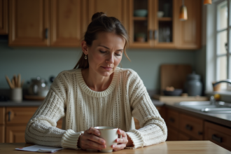 Femme pensive assise seule à la cuisine
