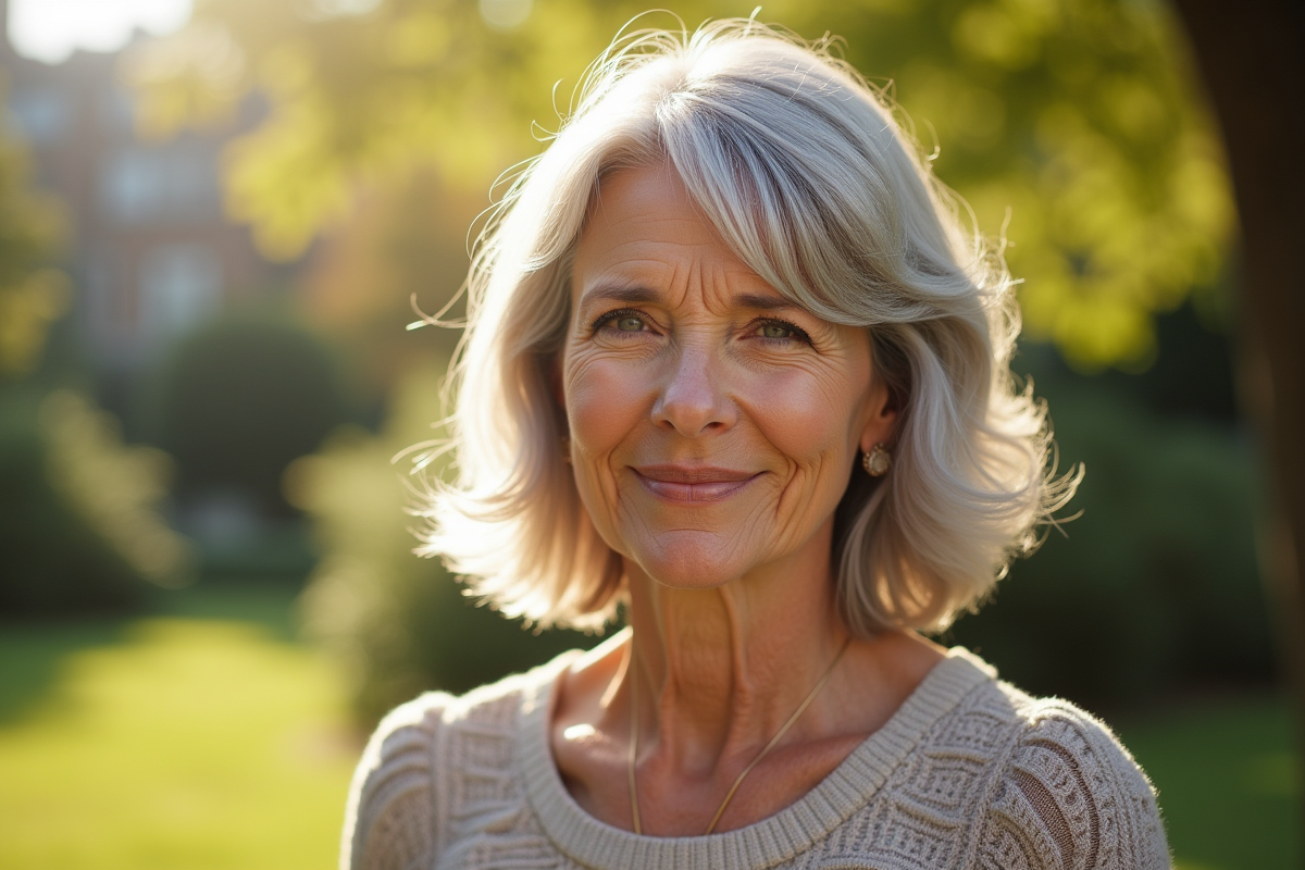 Femme élégante de 70 ans dans un jardin en plein soleil