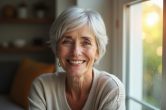 Femme de 70 ans souriante avec cheveux gris courts à l'intérieur