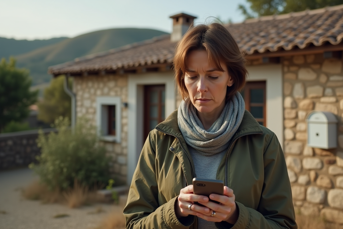Femme vérifiant le signal de son smartphone devant une maison
