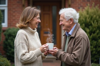 Femme offrant une tasse fumante à un voisin souriant devant la maison