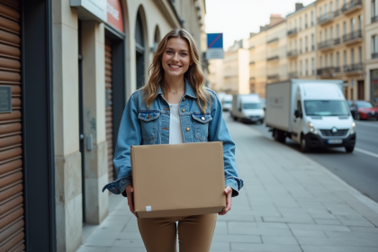 Jeune femme souriante avec box devant stockage Paris
