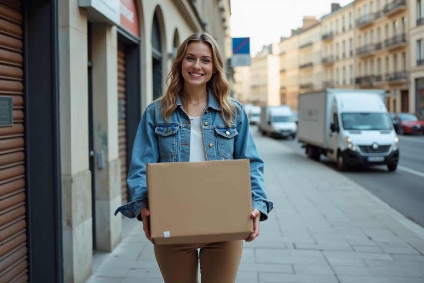 Jeune femme souriante avec box devant stockage Paris