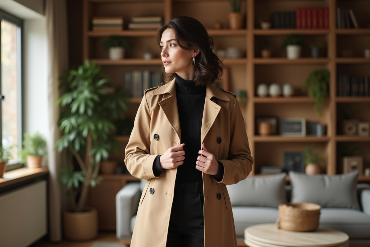 Femme élégante en trench beige dans un salon lumineux