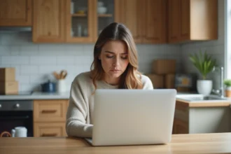 Femme lisant une notification de colis dans sa cuisine