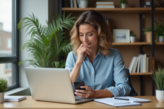 Femme concentrée utilisant un ordinateur dans un bureau moderne