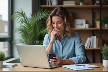 Femme concentrée utilisant un ordinateur dans un bureau moderne