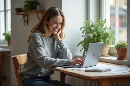 Jeune femme travaillant sur son ordinateur dans un appartement parisien