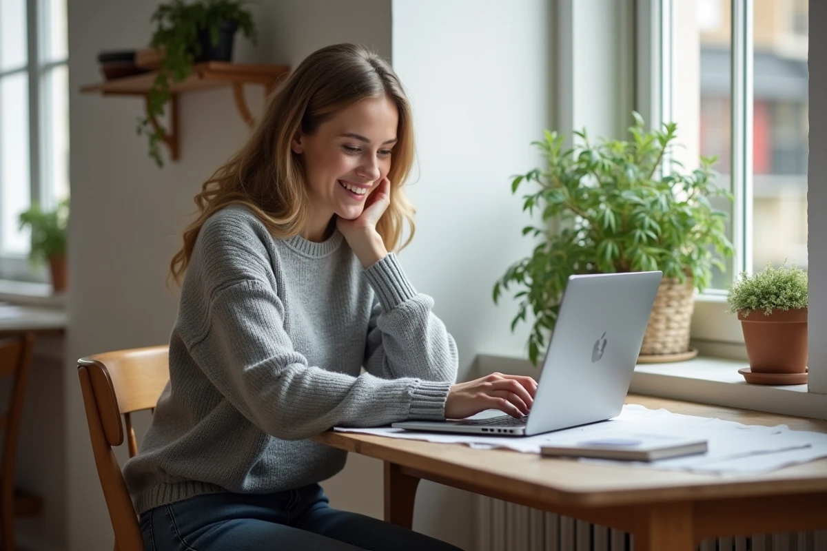 Jeune femme travaillant sur son ordinateur dans un appartement parisien