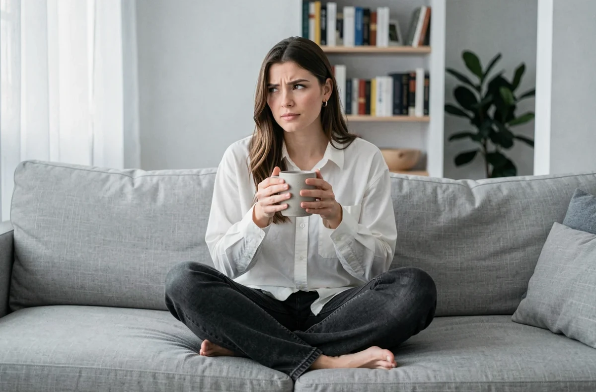 Jeune femme distraite et songeuse assise sur un canapé chez elle, expression intérieure d'une femme troublée émotionnellement par un homme
