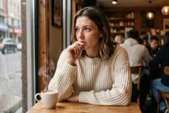 Femme pensive seule dans un café regardant par la fenêtre sous la pluie, illustrant l'état émotionnel d'une femme troublée par un homme
