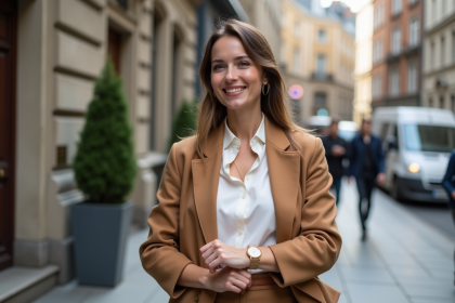 Femme élégante ajustant sa montre dans la ville