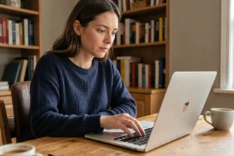 Femme vérifiant l'authenticité d'un site web sur son ordinateur portable depuis un bureau à domicile