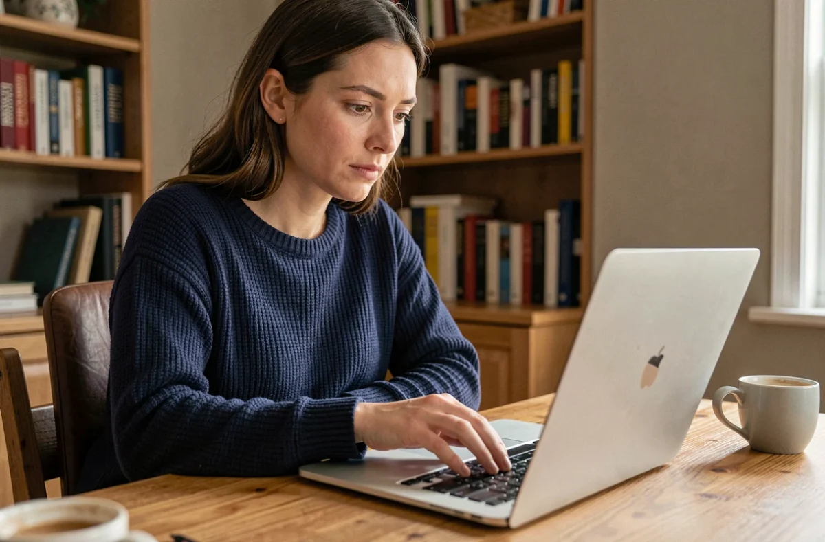Femme vérifiant l'authenticité d'un site web sur son ordinateur portable depuis un bureau à domicile