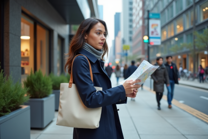 Jeune femme en trench dans la ville consulte une carte