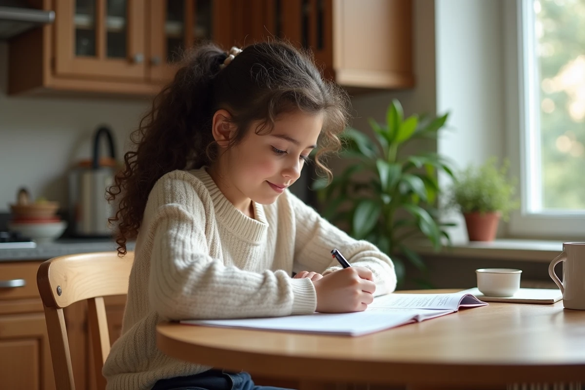 Fille étudie la dictée à la maison dans la cuisine chaleureuse
