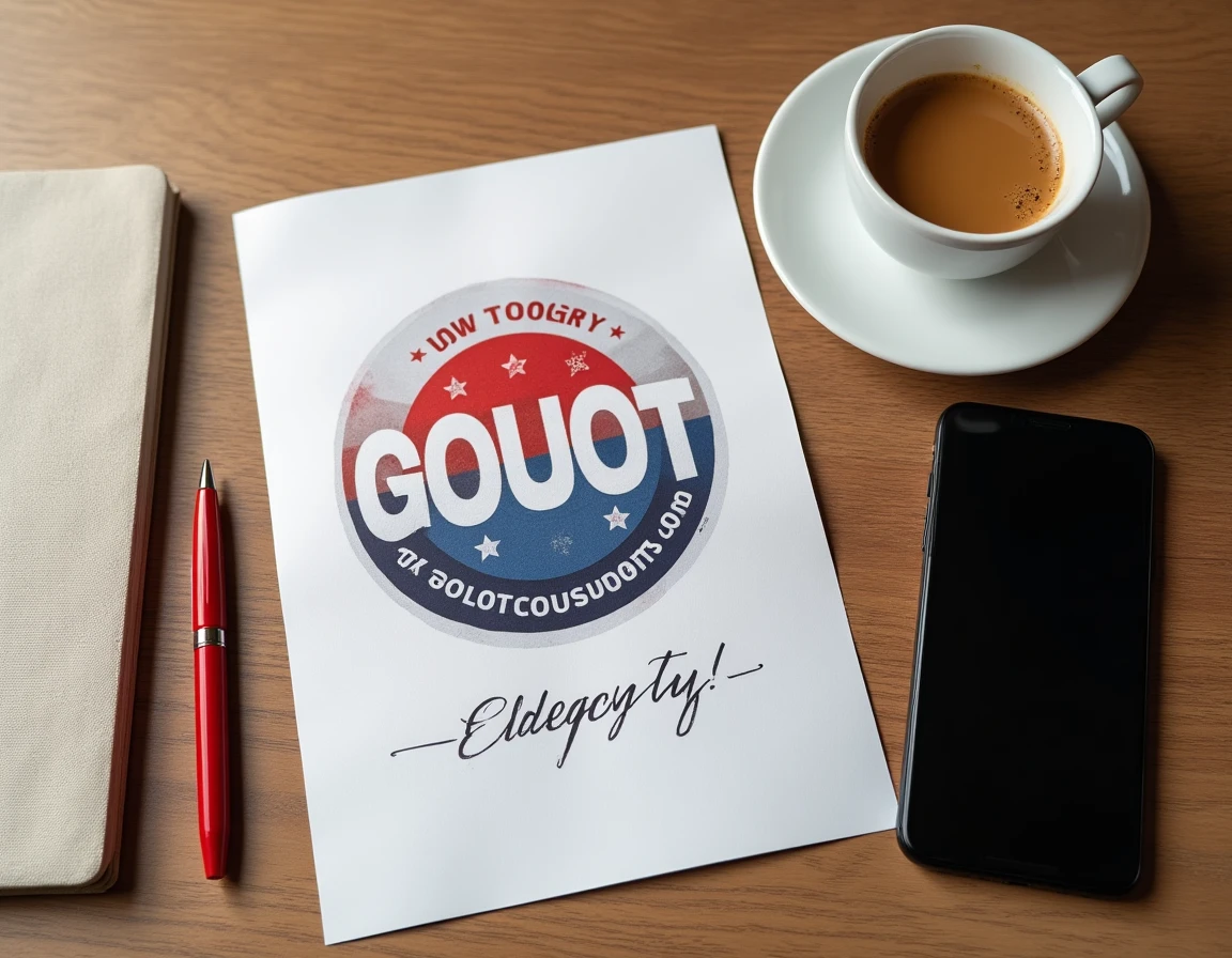 Vue en plongée d'un flyer satirique politique annoté avec un stylo rouge, une tasse d'espresso et un smartphone affichant une URL, style reportage éditorial