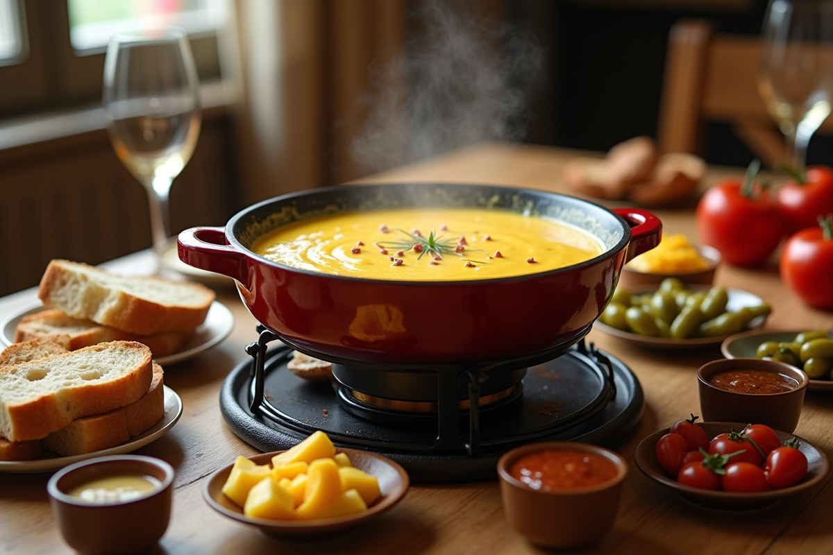 Fondue bourguignonne sur table en bois ambiance chaleureuse