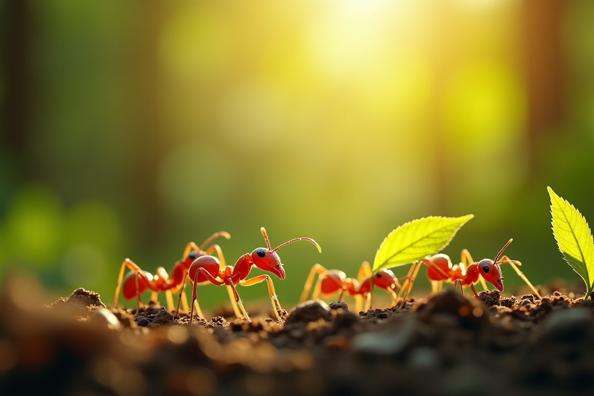 Groupe de fourmis portant des feuilles sur le sol en forêt