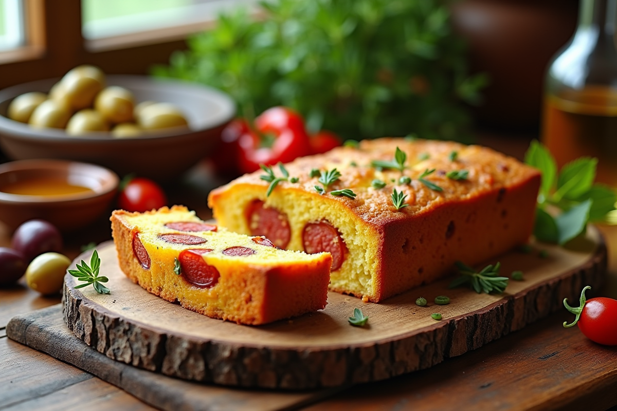Gâteau salé aux poivrons et chorizo sur planche en bois