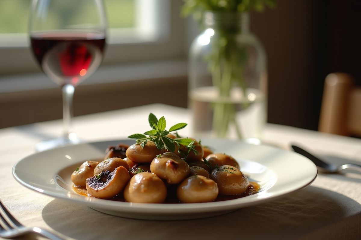 Girolles sautées avec vin rouge dans une assiette élégante