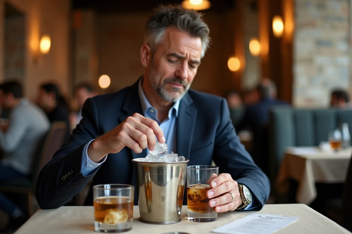 Homme ajoutant des glaçons inappropriés dans un verre de Johnnie Walker Gold Label, erreur courante de dégustation du whisky