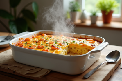 Gratin de fruits de mer doré sortant du four avec fromage