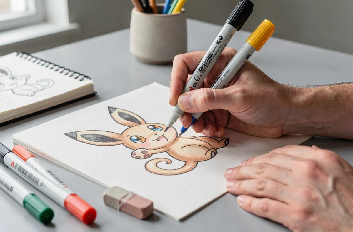 Gros plan sur les mains d'un artiste coloriant un dessin de créature fusion inspirée de Mew et Pikachu avec des feutres fins