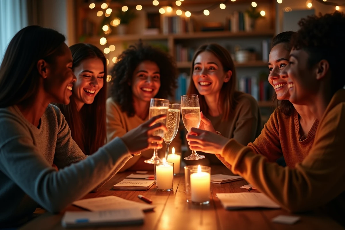 Groupe de quatre amis portant un toast au Nouvel An autour d'une table à la lueur des bougies, dans un salon décoré avec des messages et des poèmes manuscrits