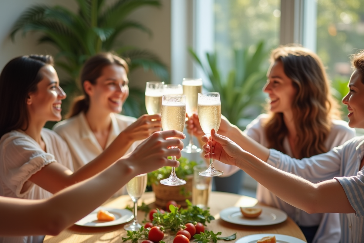 Groupe d'amis élégants trinant avec prosecco dans un appartement lumineux