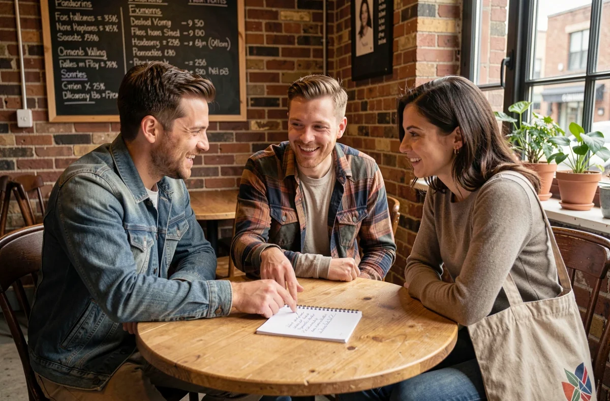 Groupe de collègues discutant de la signification du mot Zosvepnoraz autour d'une table de café