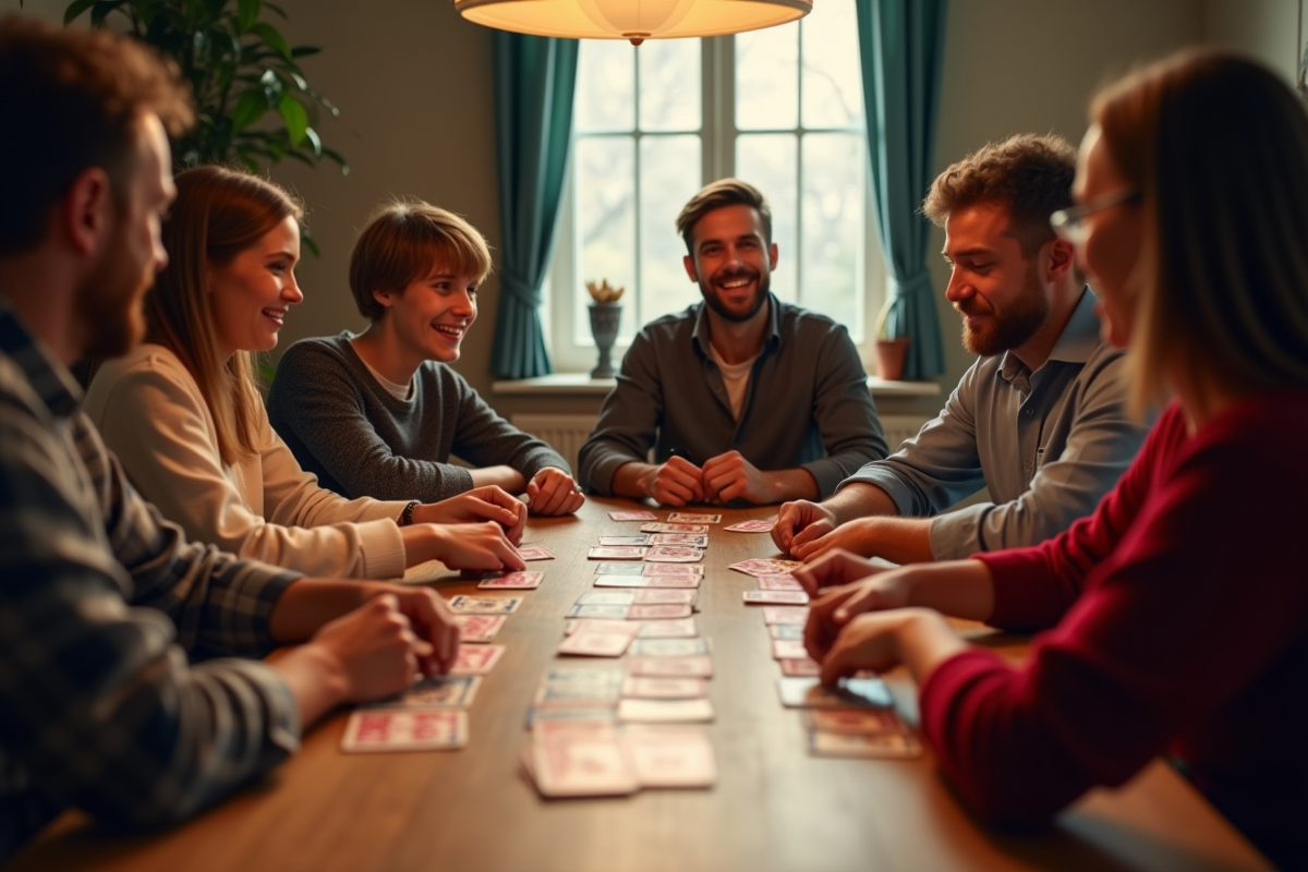 Groupe de personnes jouant au rummy autour d'une table ensoleillée