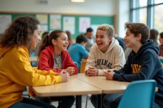 Groupe de lycéens qui discutent et rient ensemble à la cafétéria de leur école, illustrant le langage des jeunes au quotidien