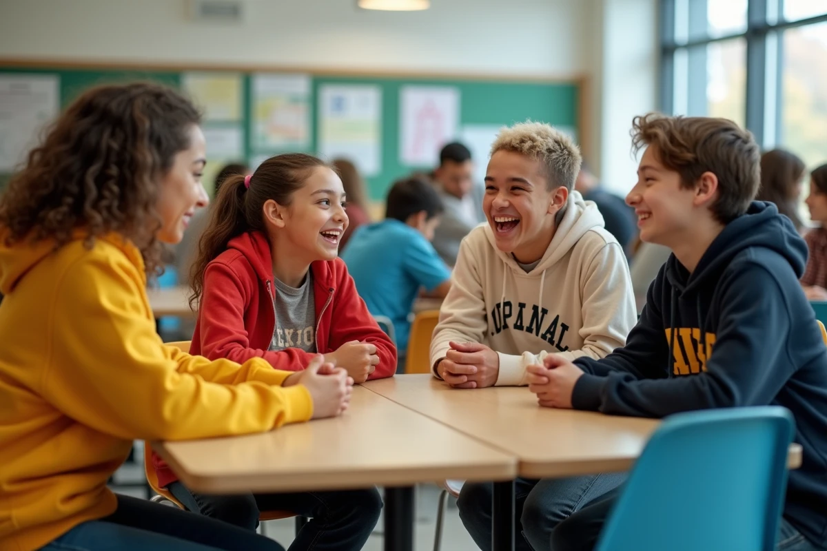Groupe de lycéens qui discutent et rient ensemble à la cafétéria de leur école, illustrant le langage des jeunes au quotidien
