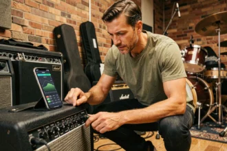 Guitariste réglant le volume de son ampli en répétition avec une calculatrice de décibels sur smartphone
