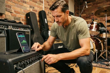 Guitariste réglant le volume de son ampli en répétition avec une calculatrice de décibels sur smartphone