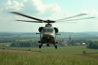 Hélicoptère militaire en vol au-dessus d'un paysage rural français lors d'un exercice d'entraînement