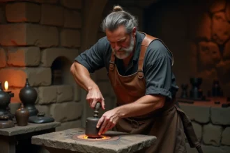 Artisan forgeron dans une forge antique en pierre évoquant Héphaïstos, dieu grec du feu et de la forge