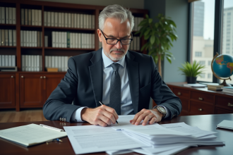 Homme d'affaires en costume examine des documents fiscaux