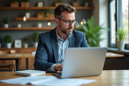 Homme d'affaires en coworking regardant des annonces immobilières