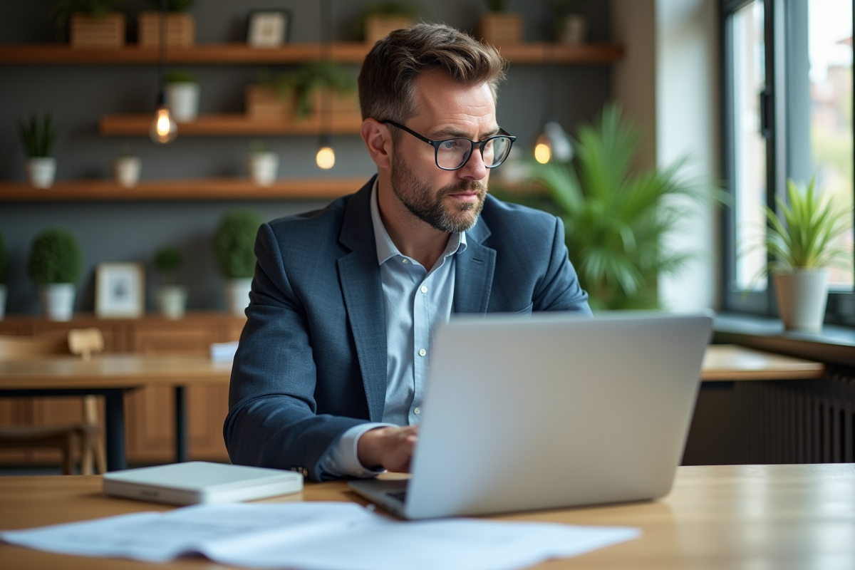 Homme d'affaires en coworking regardant des annonces immobilières