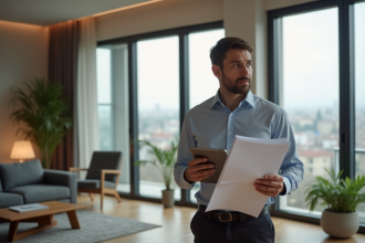 Homme d'affaires avec documents immobiliers dans un appartement