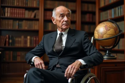 Homme âgé en fauteuil dans une bibliothèque chaleureuse