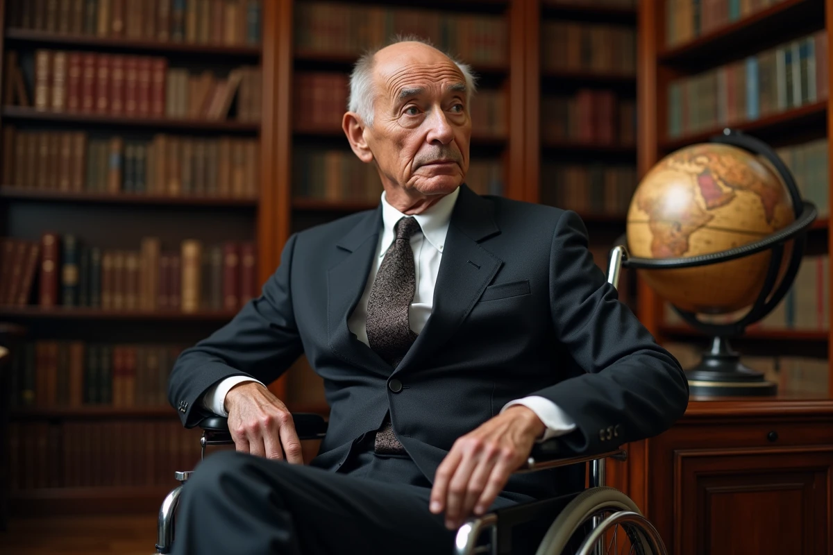 Homme âgé en fauteuil dans une bibliothèque chaleureuse