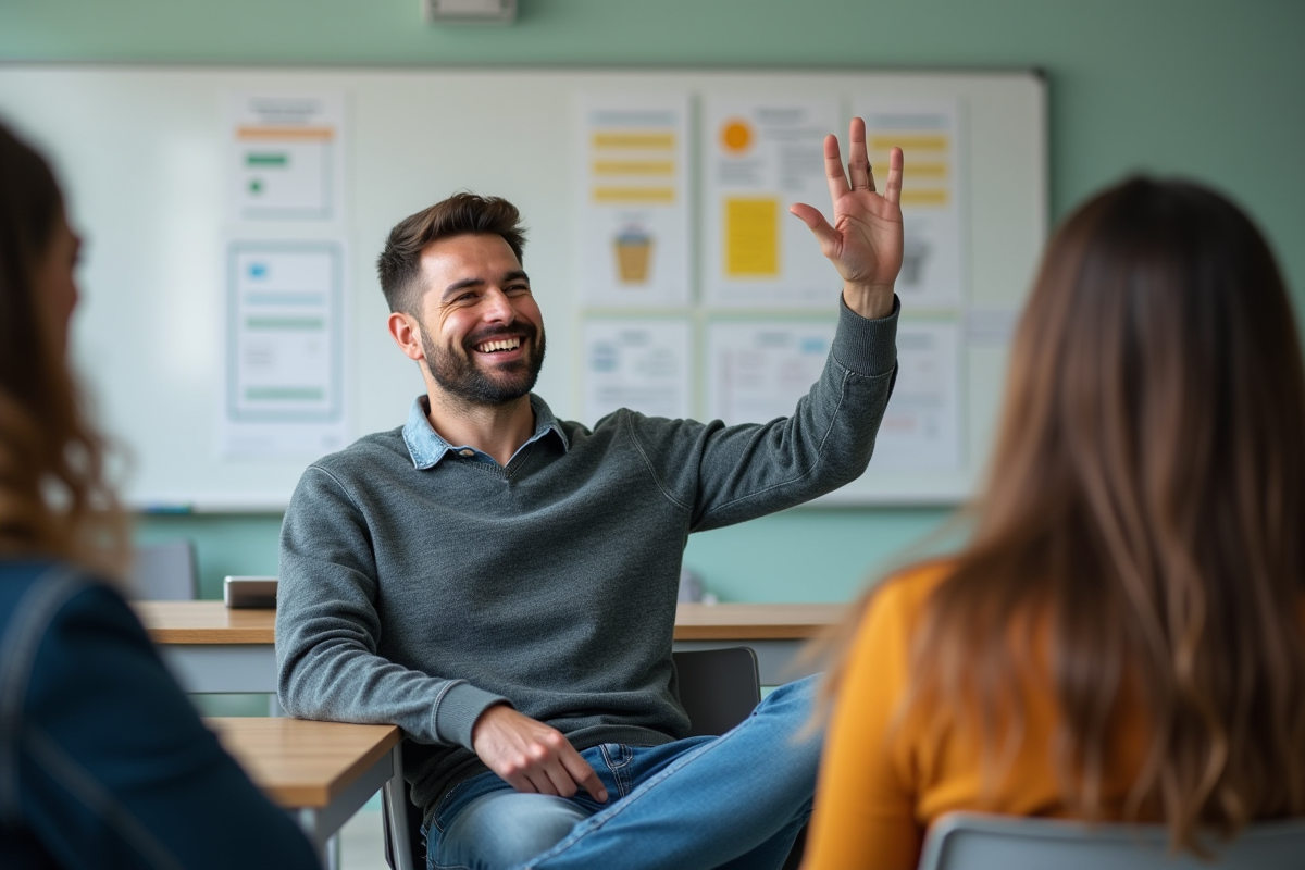 Homme en groupe en classe avec tableau blanc et posters éducatifs