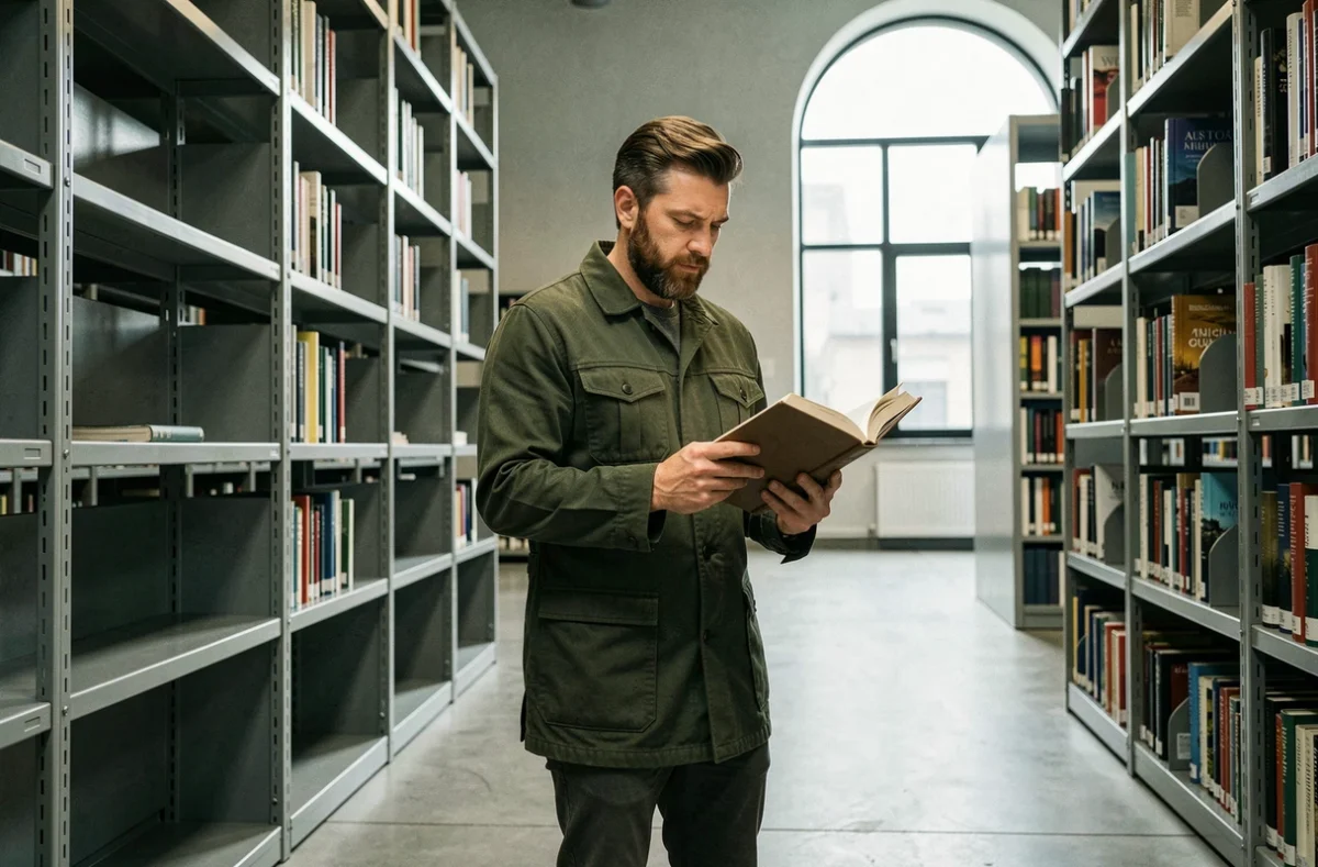 Homme consultant un livre dans une bibliothèque urbaine pour comprendre le terme Zosvepnoraz
