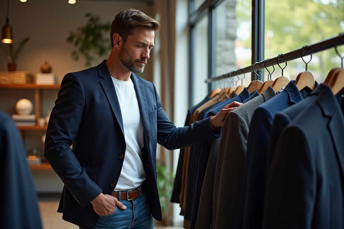 Homme recherchant une veste dans une boutique moderne